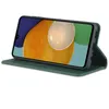 A green leather phone case with a Samsung Galaxy A14 5G phone inside, displayed in a stand-up position. Produktbild-Vorschau