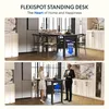 A split image showing a standing desk at its minimum and maximum height, with people interacting with it in a modern kitchen/dining setting. Produktbild-Vorschau