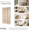 A collage of images showing a wooden shelf unit and various room settings where it could be used. Produktbild-Vorschau