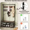 A hallway or entryway scene featuring a coat rack and shoe bench, with instructional diagrams on the right side. Voir les images du produit