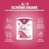 A marketing image for hair vitamins, featuring the product packaging and illustrative icons highlighting benefits. Produktbild-Vorschau