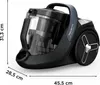 A black and gray bagless vacuum cleaner is shown from a side angle with dimensions indicated by lines and text. Voir les images du produit