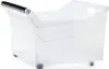 A transparent plastic storage box with a black handle and wheels. Náhled obrázku produktu
