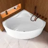 A white corner bathtub with wooden paneling and marble flooring. Produktbild-Vorschau