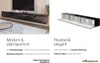 A split image showing a modern living room setup with a TV and a lowboard on the left, and a diagram of a modular lowboard on the right. Produktbild-Vorschau