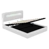 A white bed frame with a partially lifted mattress base, revealing storage space underneath. The headboard has an integrated LED light. Produktbild-Vorschau
