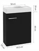 A product shot of a black bathroom cabinet with a white sink on top, with dimensions indicated by text overlays. Anteprima dell’immagine prodotto