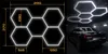 A diagram showing the dimensions of a hexagonal LED light panel arrangement on the left, and a photograph of the same light panels installed on a ceiling above a car in a garage on the right. Náhled obrázku produktu