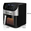 A black air fryer with a silver accent band and digital display, placed on a white surface with dimensions indicated. Náhled obrázku produktu
