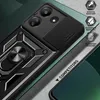 A close-up shot of a black phone case with a ring stand and camera cover, placed on a textured gray and teal background. Produktbild-Vorschau