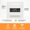 A white thermostat with a digital display showing temperature readings and icons indicating heating, cooling, and signal strength. Text labels explain the functions and readings. Anteprima dell’immagine prodotto