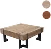 A square wooden coffee table with black metal legs, shown on a white background. Voir les images du produit