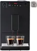 A black Melitta Caffeo Solo E 950-222 coffee machine is shown from the front, with two cups of coffee being dispensed. Produktbild-Vorschau