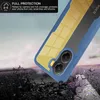 A phone case is shown falling onto a rocky surface, with text overlay describing its protective features. Produktbild-Vorschau