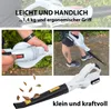 Collage of images showing a cordless leaf blower, its features, and being used. Produktbild-Vorschau
