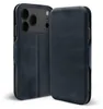 A dark blue leather flip case for an iPhone is shown from two angles against a white background. Produktbild-Vorschau