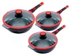 Three frying pans with glass lids are arranged diagonally on a white background. Produktbild-Vorschau