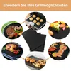 A collage of images showing various foods being cooked on grill mats, with text at the top. Produktbild-Vorschau