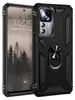 A black smartphone case with a ring holder is shown on a black background, with a smartphone inside the case displaying a lock screen. Produktbild-Vorschau