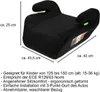 A black car seat booster with dimensions indicated by arrows and text. Produktbild-Vorschau