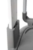 A close-up view of the connection point between a white vertical support and a gray plastic base of a high chair. Produktbild-Vorschau