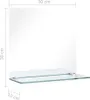 A glass mirror with a shelf attached, shown against a white background with dimensions indicated. Podgląd zdjęcia produktu