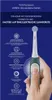 A hand holding an electric toothbrush with various features highlighted by text and icons. Produktbild-Vorschau