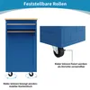 A blue kitchen cart with wheels is shown, with text explaining its features. Voir les images du produit