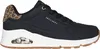 A side view of a black Skechers sneaker with leopard print accents. Voir les images du produit
