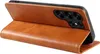 A brown leather flip case for a smartphone is shown from the side, with the phone partially inserted and its camera array visible. Produktbild-Vorschau