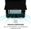 A close-up view of a black kitchen hood with blue light effects indicating airflow, and text below. Produktbild-Vorschau