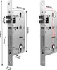 Two views of a door lock mechanism with dimensions indicated by measurement lines and text. Náhled obrázku produktu