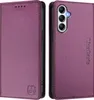 A split image showing the front and back of a purple leather phone case. Produktbild-Vorschau