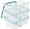 A stack of three glass food containers with green silicone seals and lids, one lid is partially open. Náhled obrázku produktu