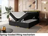 A modern bedroom with a black upholstered boxspring bed with its storage compartment open, showcasing the lifting mechanism. A large potted plant is visible to the left, and a bedside table with decorative vases to the right. Produktbild-Vorschau
