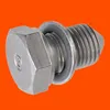 A close-up studio shot of a single metal oil drain plug with a washer against an orange background. Podgląd zdjęcia produktu