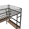 Close-up view of a black metal loft bed with wooden shelves, against a white background. Podgląd zdjęcia produktu