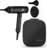 A black Rowenta hair dryer with gold accents, along with its accessories and storage case, is displayed against a white background. Podgląd zdjęcia produktu