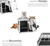Three dogs interacting with a dog transport box, with descriptive text about its design and construction. Náhled obrázku produktu