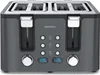 A front view of a dark gray four-slice toaster with a digital display and control buttons. Produktbild-Vorschau