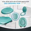 A collage of images showcasing a turquoise toilet seat from different angles, with text and a logo. Náhled obrázku produktu