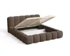 A brown upholstered bed frame with the mattress support mechanism open, revealing storage space underneath. Voir les images du produit