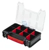 An open black and red toolbox organizer with a clear lid, showing multiple compartments. Náhľad obrázku produktu