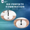 A marketing image showing a white ceramic washbasin with a black faucet stand, presented in two close-up views against a gradient blue and light gray background. Voir les images du produit