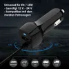 A black car charger with USB ports is shown plugged into a car's power outlet. The background is dark and blurred, suggesting a nighttime or low-light environment. Text overlays provide product information and compatibility details. Icons representing diff Produktbild-Vorschau