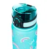 Close-up of the top of a teal water bottle with rainbow and confetti pattern. Podgląd zdjęcia produktu