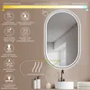 A bathroom mirror with integrated LED lighting and various features highlighted with icons and text. Produktbild-Vorschau