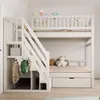 A white wooden bunk bed with stairs and storage compartments, set up in a child's room. Náhled obrázku produktu