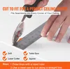 A hand is using a rotary cutter and a ruler to cut a white material, likely a ceiling tile, along a marked line. The image includes text overlays and icons indicating steps and tools. Podgląd zdjęcia produktu