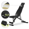 A black adjustable fitness bench with close-up diagrams highlighting its features. Produktbild-Vorschau